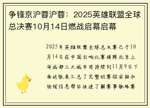 争锋京沪蓉沪蓉：2025英雄联盟全球总决赛10月14日燃战启幕启幕 